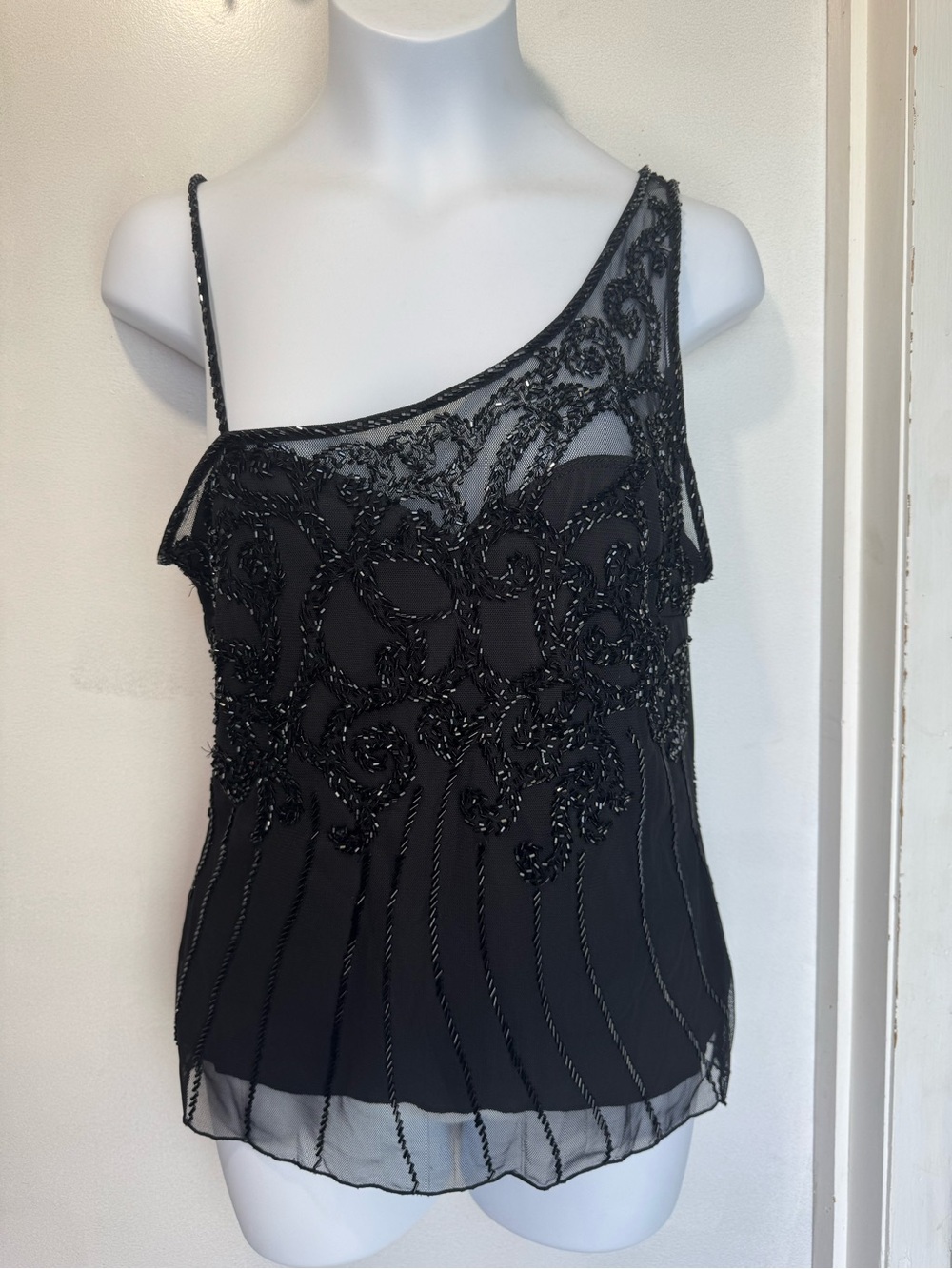 Cache Black One-Shoulder Beaded Camisole
